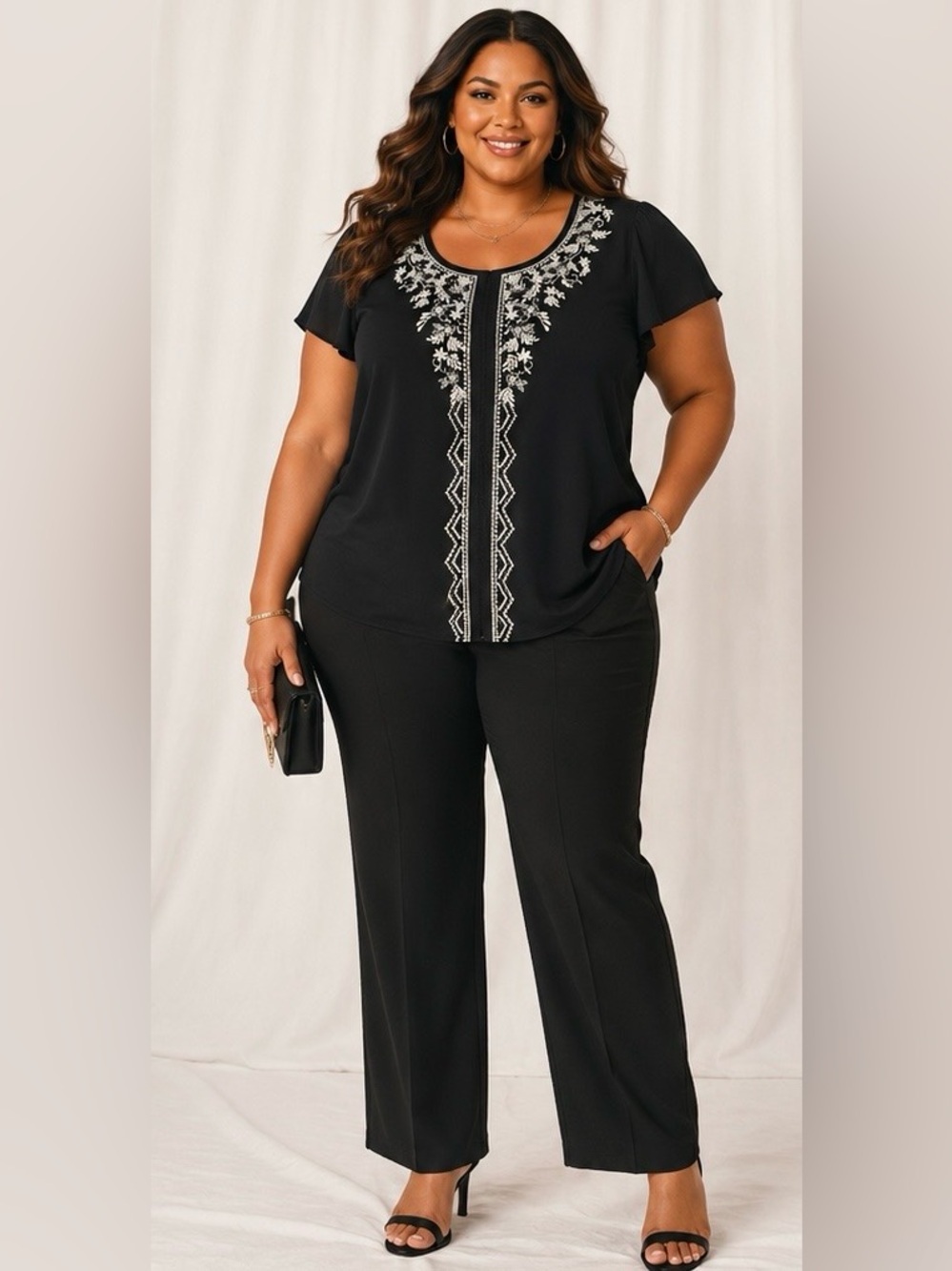 Time and Tru Black Embroidered Flutter Sleeve Peasant Boho Top XXL 20 (1311)